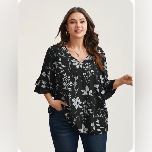 BloomChic Floral Print Ruffled V-Neck Shirt - Picture 3 of 3